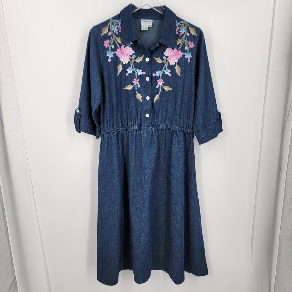Florissant New York Denim Dress Petite Womens 10P Embroidered Pockets Vintage